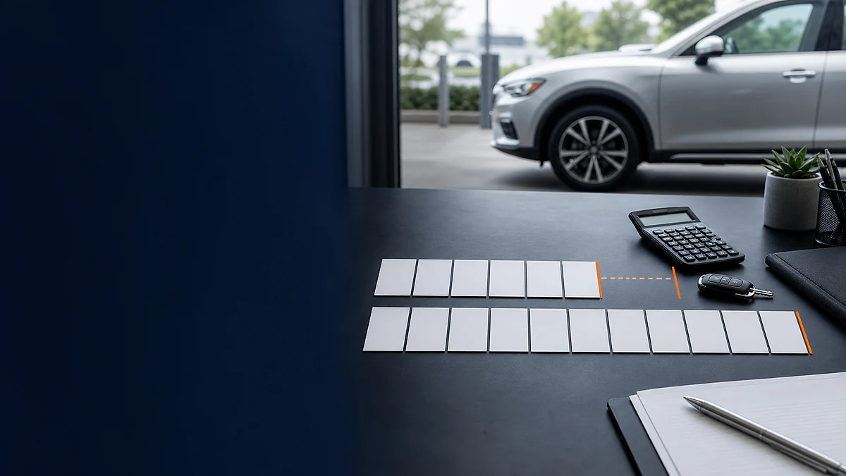 Short and long rows of blank payment cards sit beside a calculator, vehicle key, and unbranded silver car.